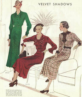 Colored drawing of women in green, red, and plaid fitted dresses.