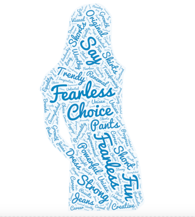 Word art shaped as a women with words describing today in blue.